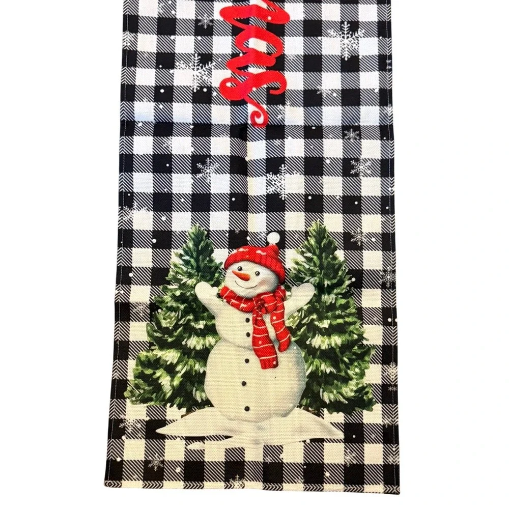 Merry Christmas Buffalo Plaid Table Runner Snowman Holiday Decor Black White Red
